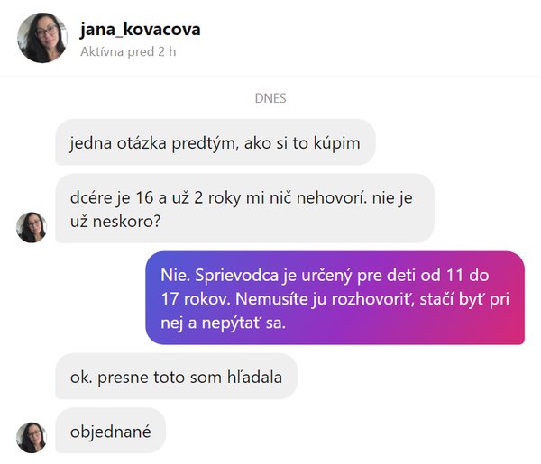 Ukážka správy od mamičky